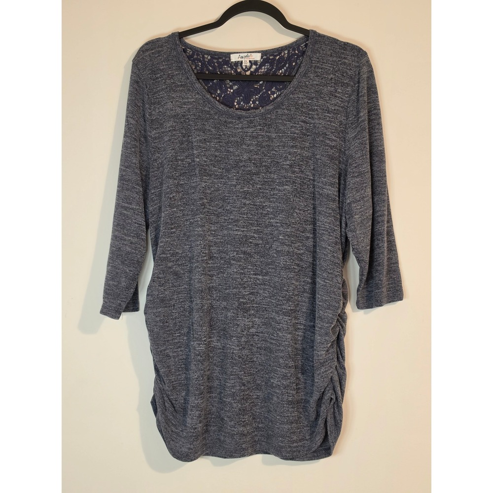 Angels Forever Young Top Women 2X Blue Rayon Lace Back Ruched Boho Chic Blouse